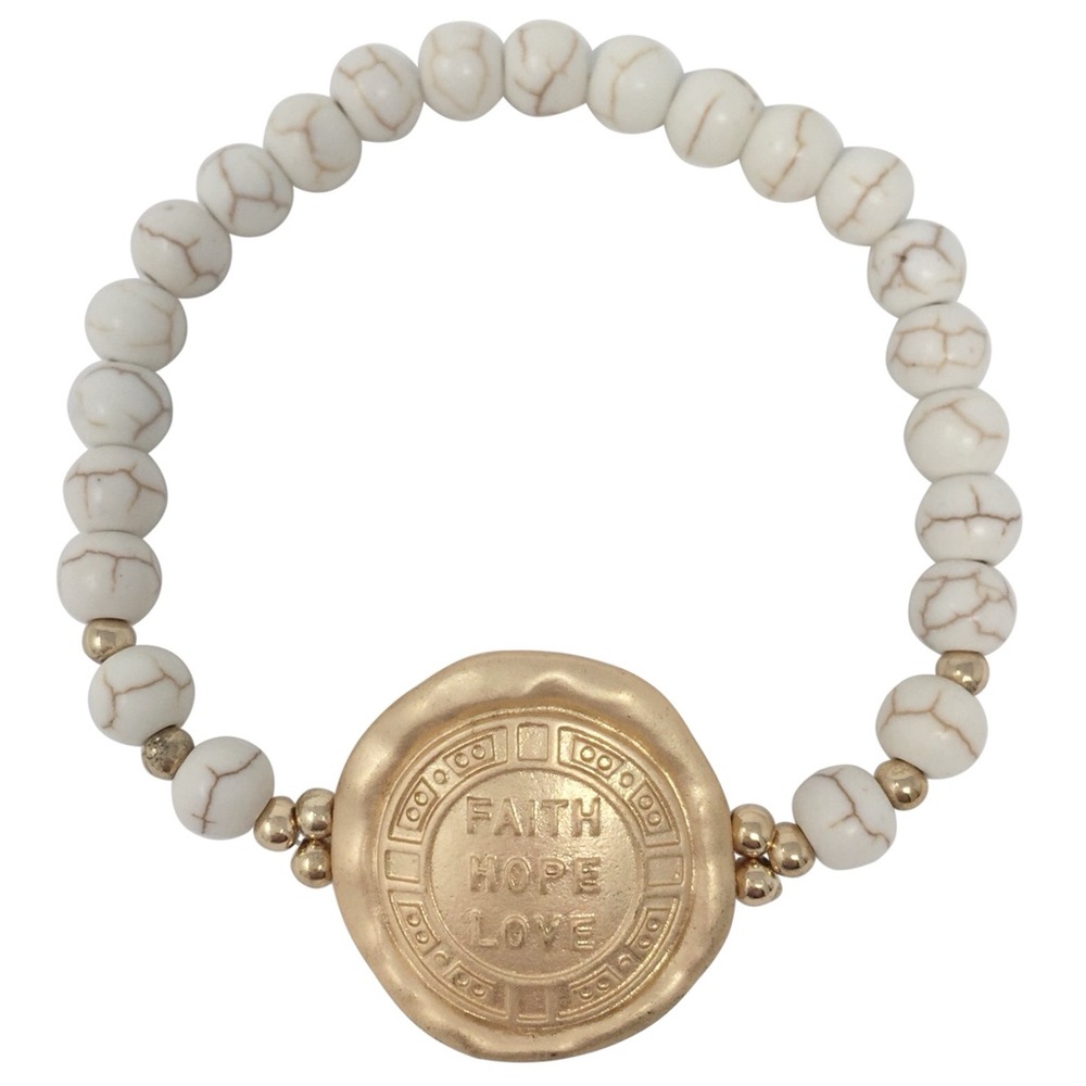 FAITH HOPE LOVE Disk Ivory Stone Stretch Bracelet